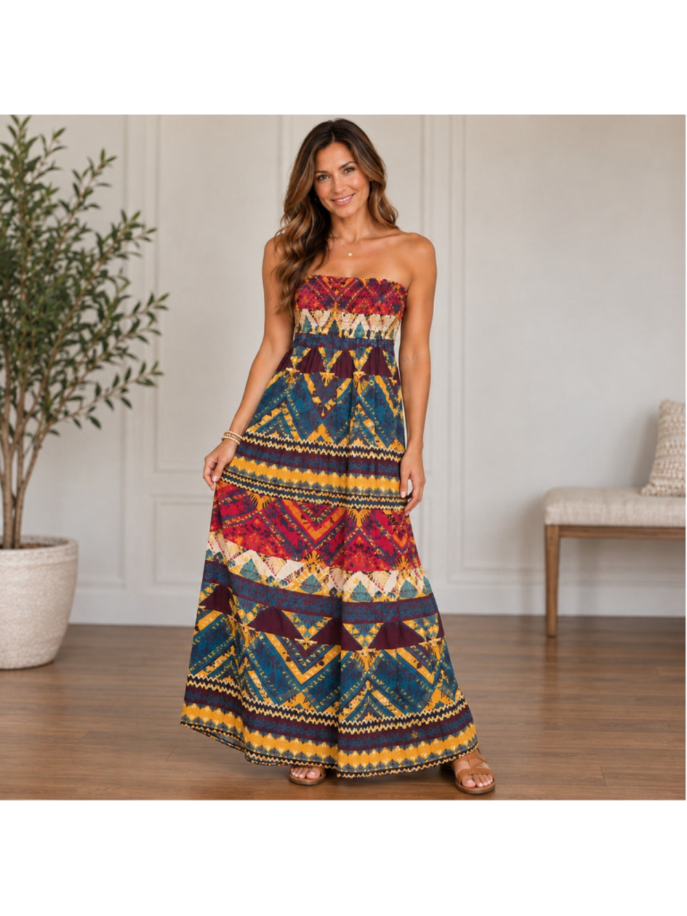 Angie Boho Tribal Print Strapless Smocked Maxi Dress Size Medium